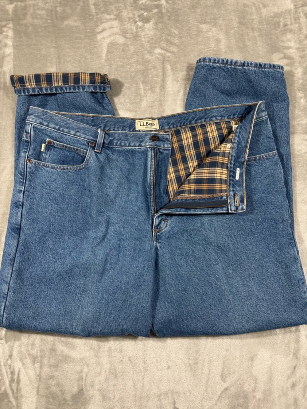 L.L. Bean Flannel Lined Jeans Mens 44x32 Blue Classic Fit Denim Cotton 100220